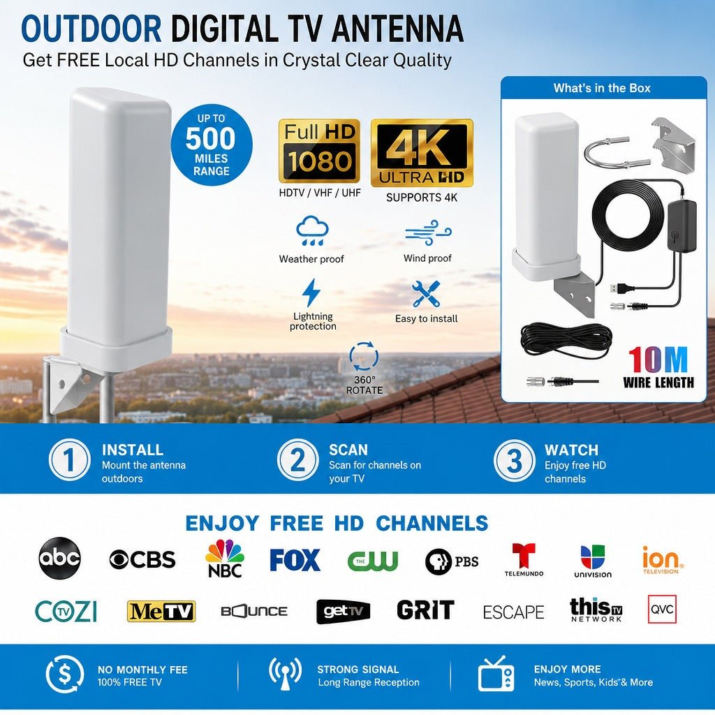 Digital TV Antenna Outdoor/Indoor 500+ Miles Range 4K HD 1080P HDTV Antenna - Nugentra