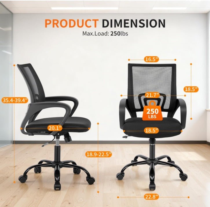 Ergonomic Mesh Office Chair, Mid-Back, Lumbar Support, Adjustable Height, Black - Nugentra