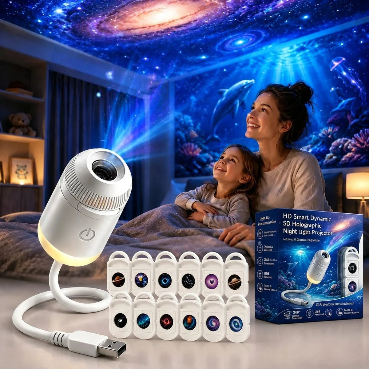 Hd Smart Dynamic 5d Holographic Night Light Projector, 2 In 1 Galaxy Night Light - Nugentra