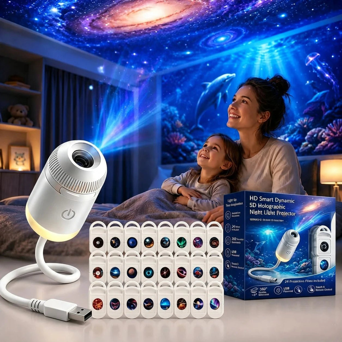 Hd Smart Dynamic 5d Holographic Night Light Projector, 2 In 1 Galaxy Night Light - Nugentra
