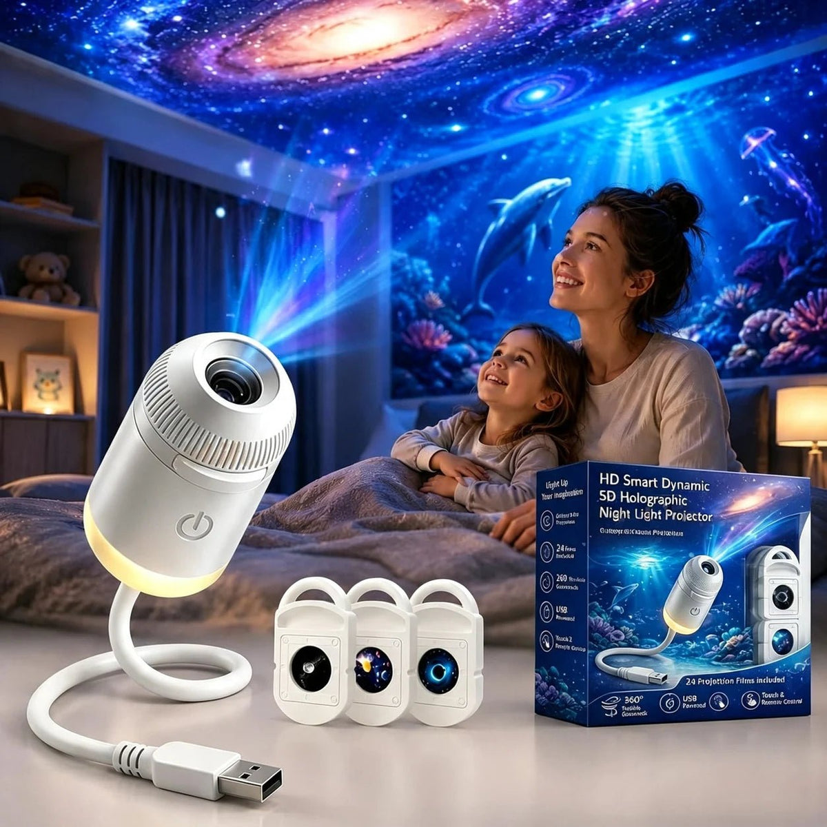 Hd Smart Dynamic 5d Holographic Night Light Projector, 2 In 1 Galaxy Night Light - Nugentra