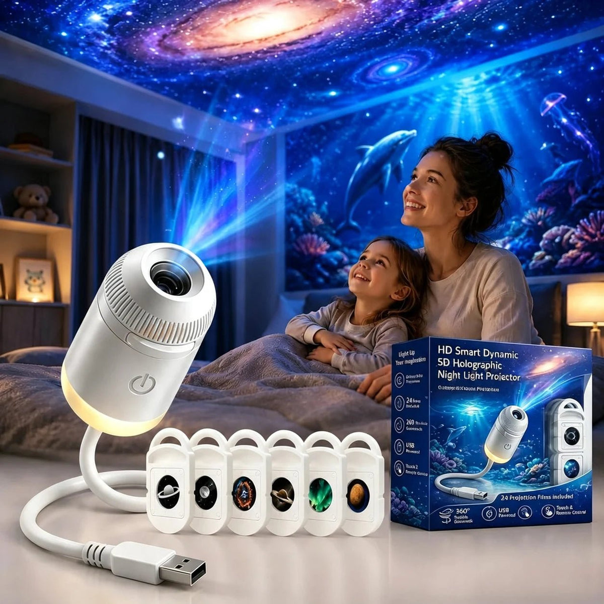 Hd Smart Dynamic 5d Holographic Night Light Projector, 2 In 1 Galaxy Night Light - Nugentra