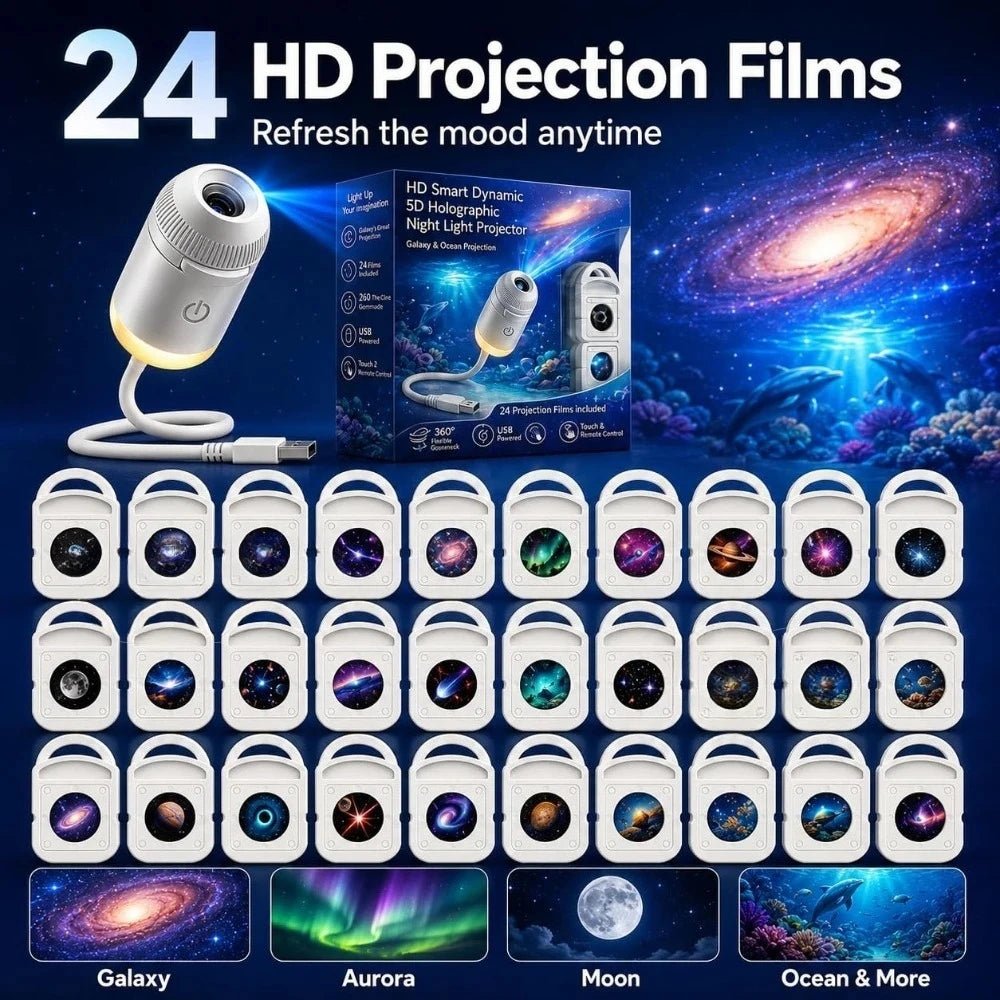Hd Smart Dynamic 5d Holographic Night Light Projector, 2 In 1 Galaxy Night Light - Nugentra