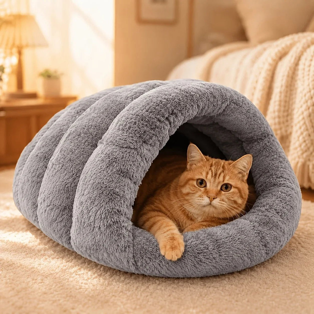 Soft Plush Semi-Enclosed Cat Bed Winter Warm Pet House Foldable Cat Cave Sleeping Bag Kennel Windproof Thickened for Small Dogs - Nugentra