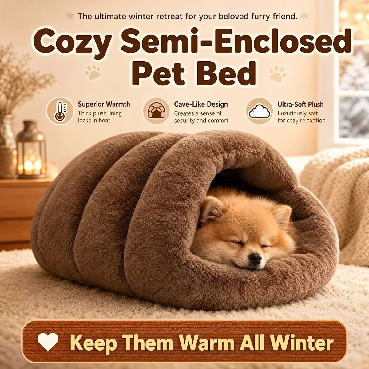 Soft Plush Semi-Enclosed Cat Bed Winter Warm Pet House Foldable Cat Cave Sleeping Bag Kennel Windproof Thickened for Small Dogs - Nugentra