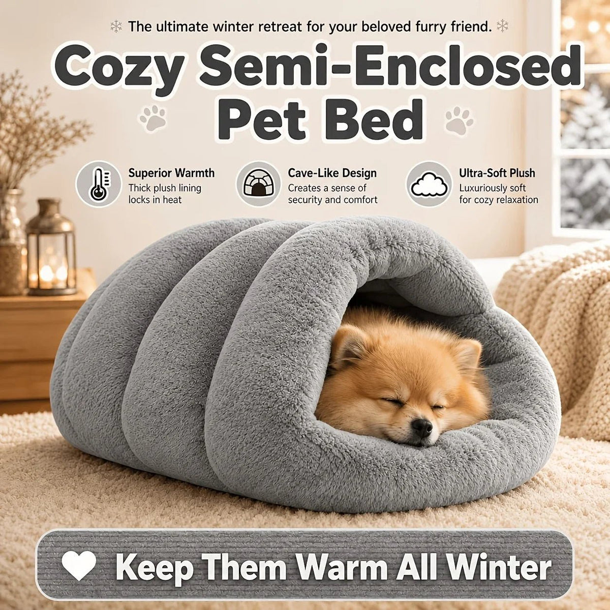Soft Plush Semi-Enclosed Cat Bed Winter Warm Pet House Foldable Cat Cave Sleeping Bag Kennel Windproof Thickened for Small Dogs - Nugentra